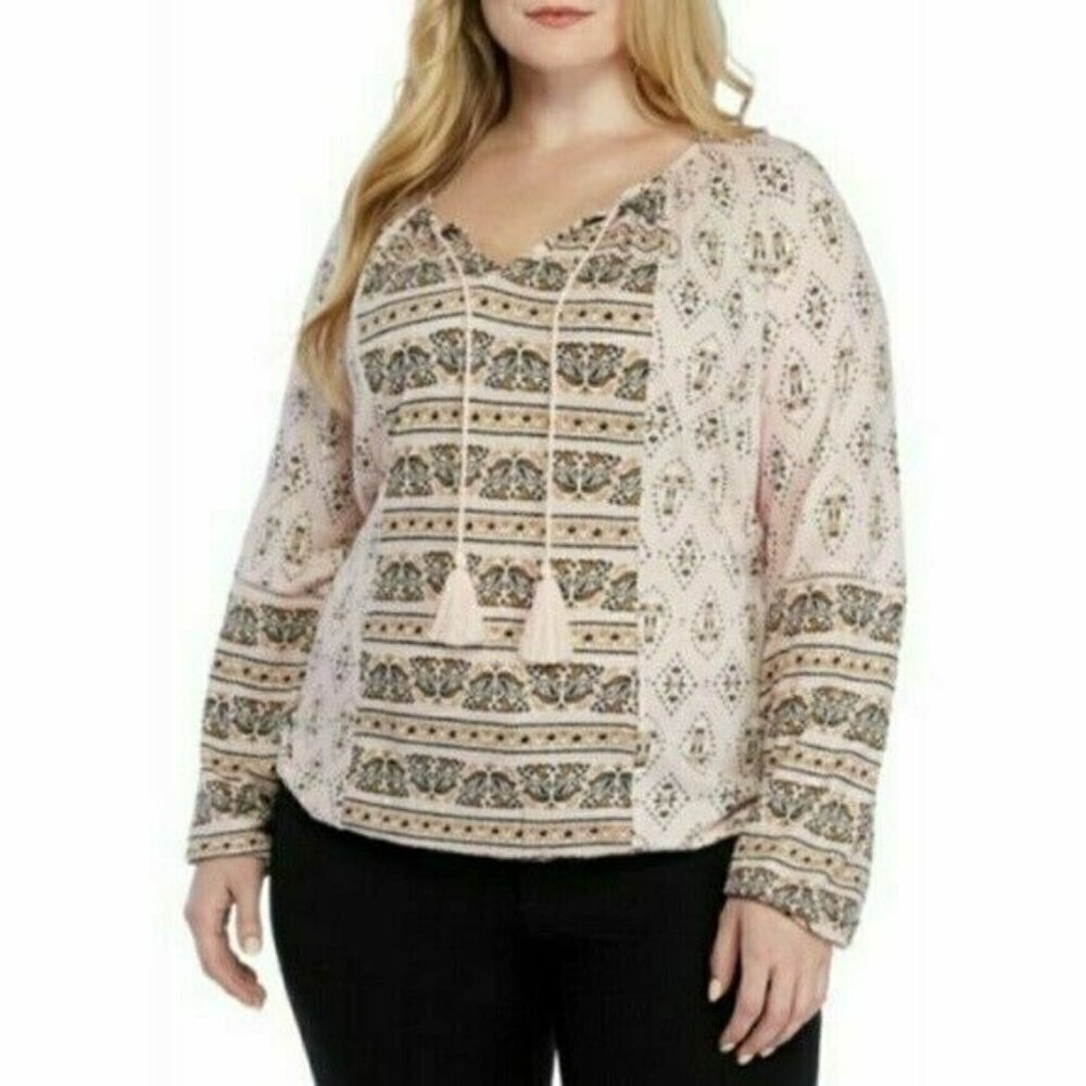 ND Pink Tie Neck Long Sleeve Cinch Bottom Blouse Shirt Plus Size 3X Linen Blend